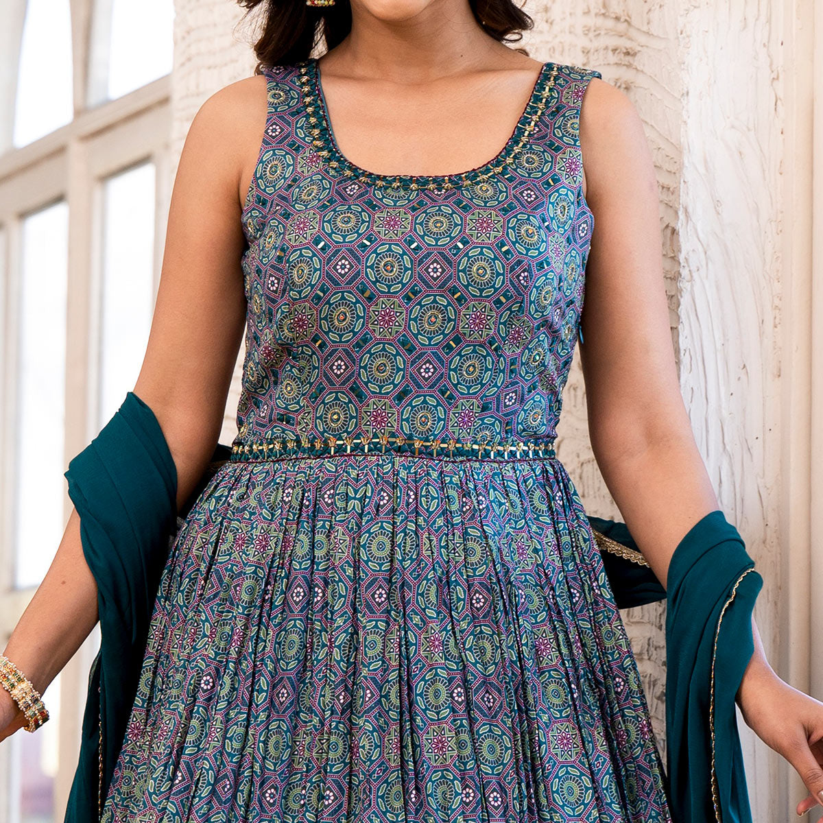 Morpich Blue Printed Dola Silk Anarkali Style Gown With Mirror Work