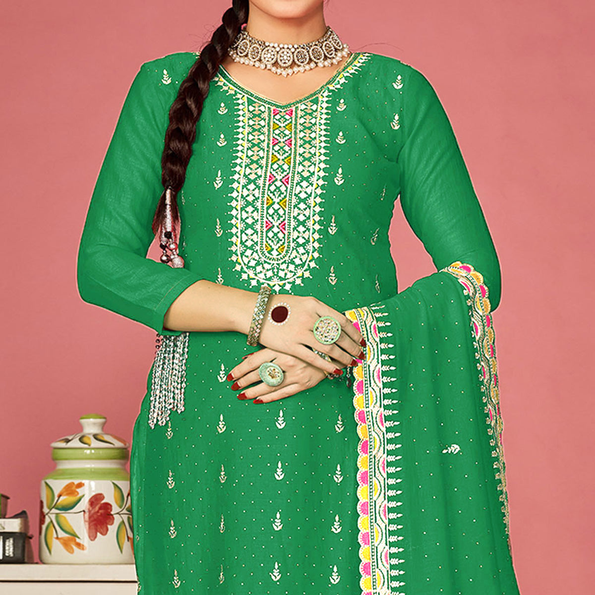 green-floral-embroidered-vichitra-silk-dress-material-7
