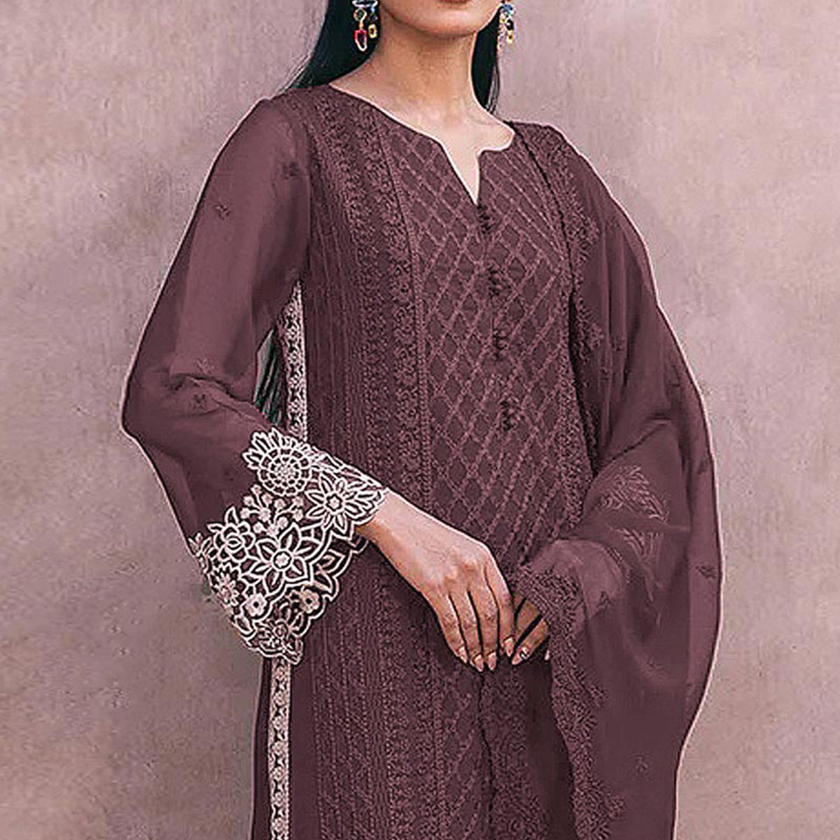 Brown Sequins Embroidered Georgette Dress Material