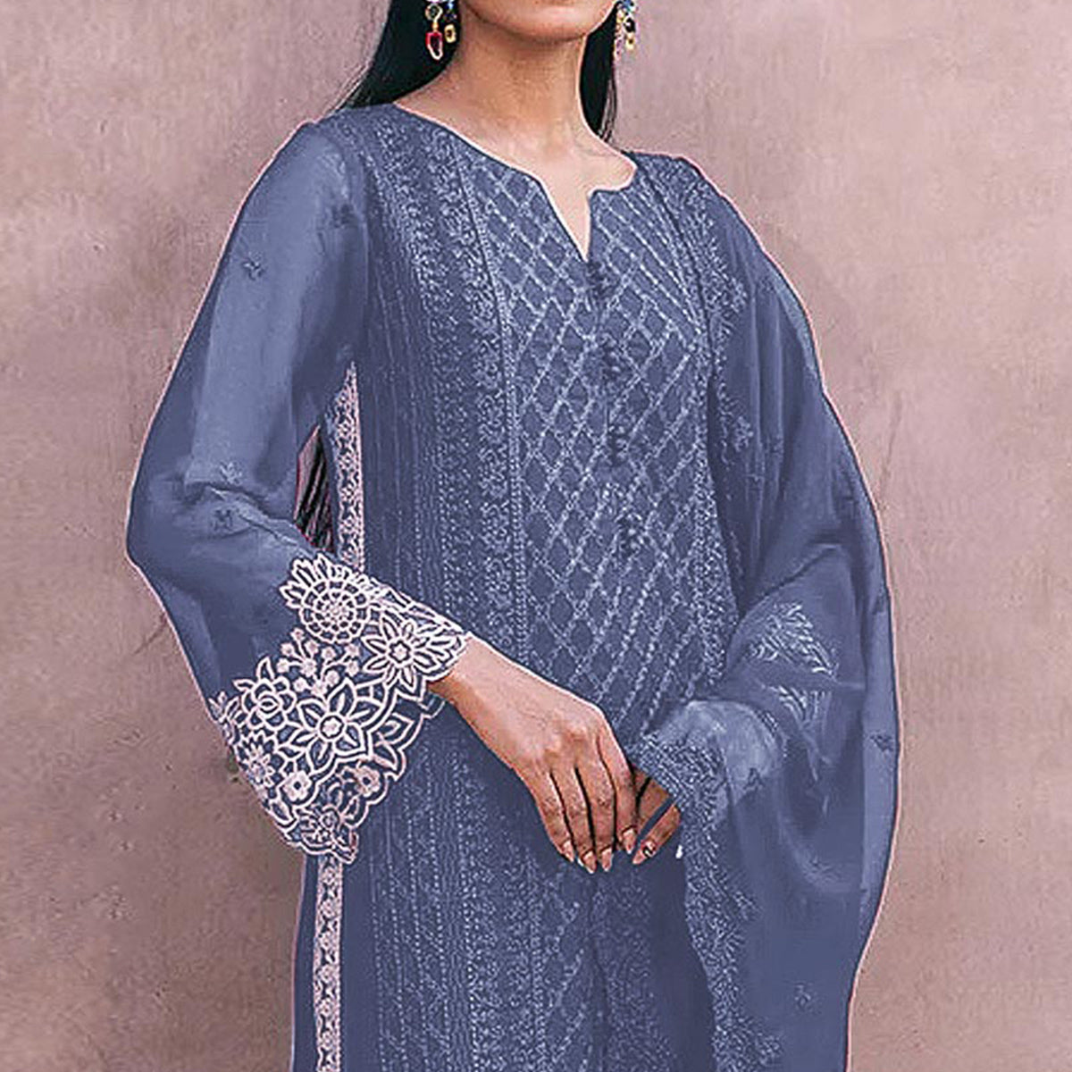Bluish Grey Sequins Embroidered Georgette Dress Material