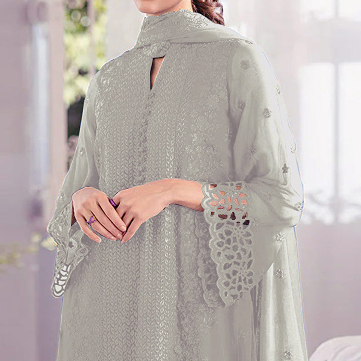 Dusty Pista Green Sequins Embroidered Georgette Dress Material
