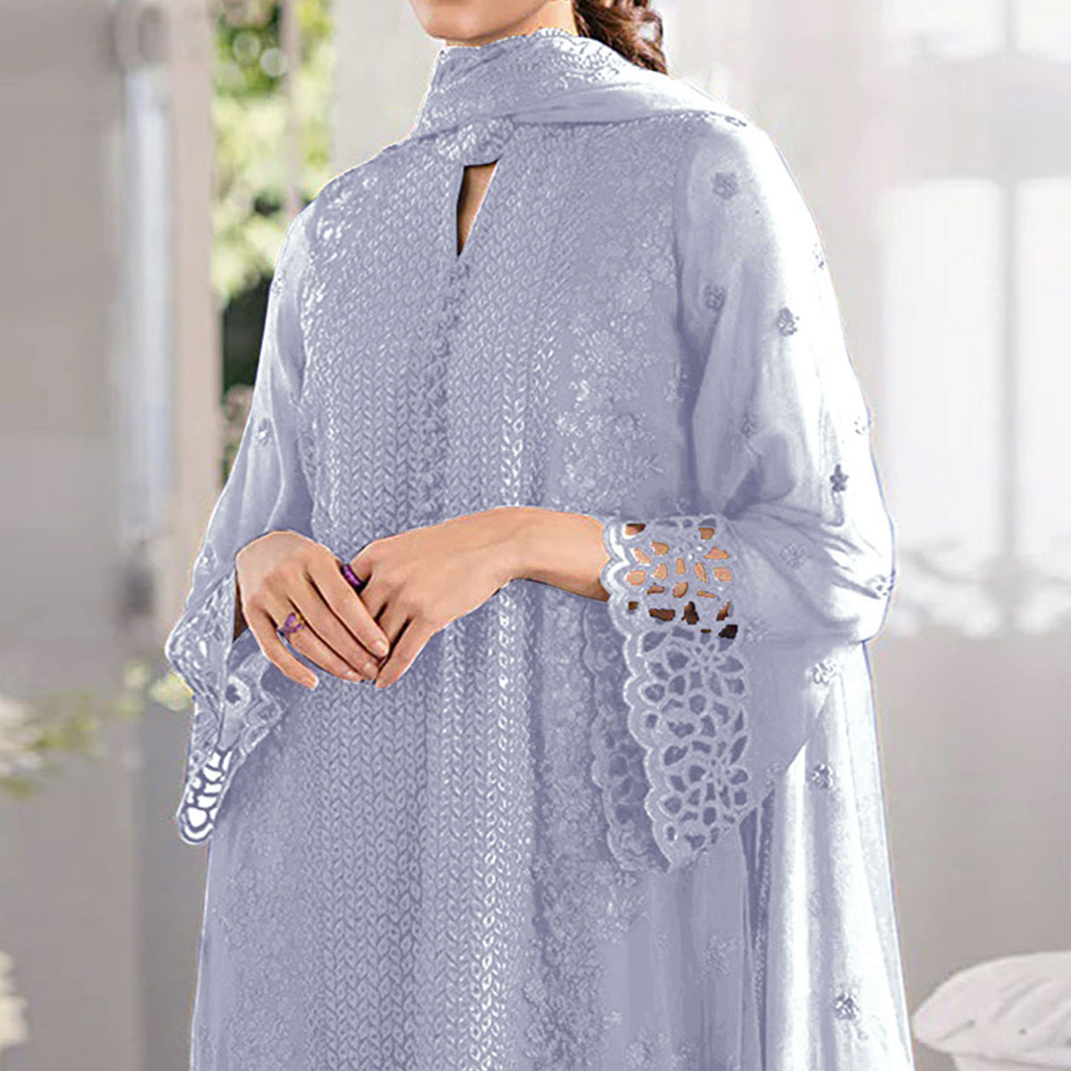 Dusty Lavender Sequins Embroidered Georgette Dress Material