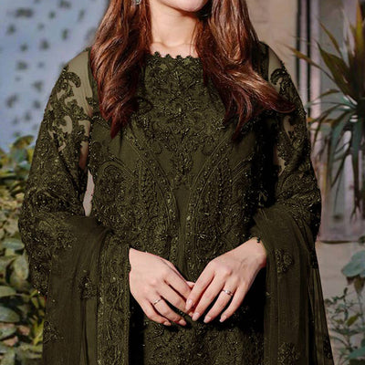 Mehandi Green Embroidered Georgette Semi Stitched Pakistani Suit