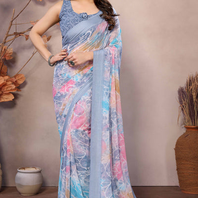 Grey Printed Georgette Saree Saree With Tassels