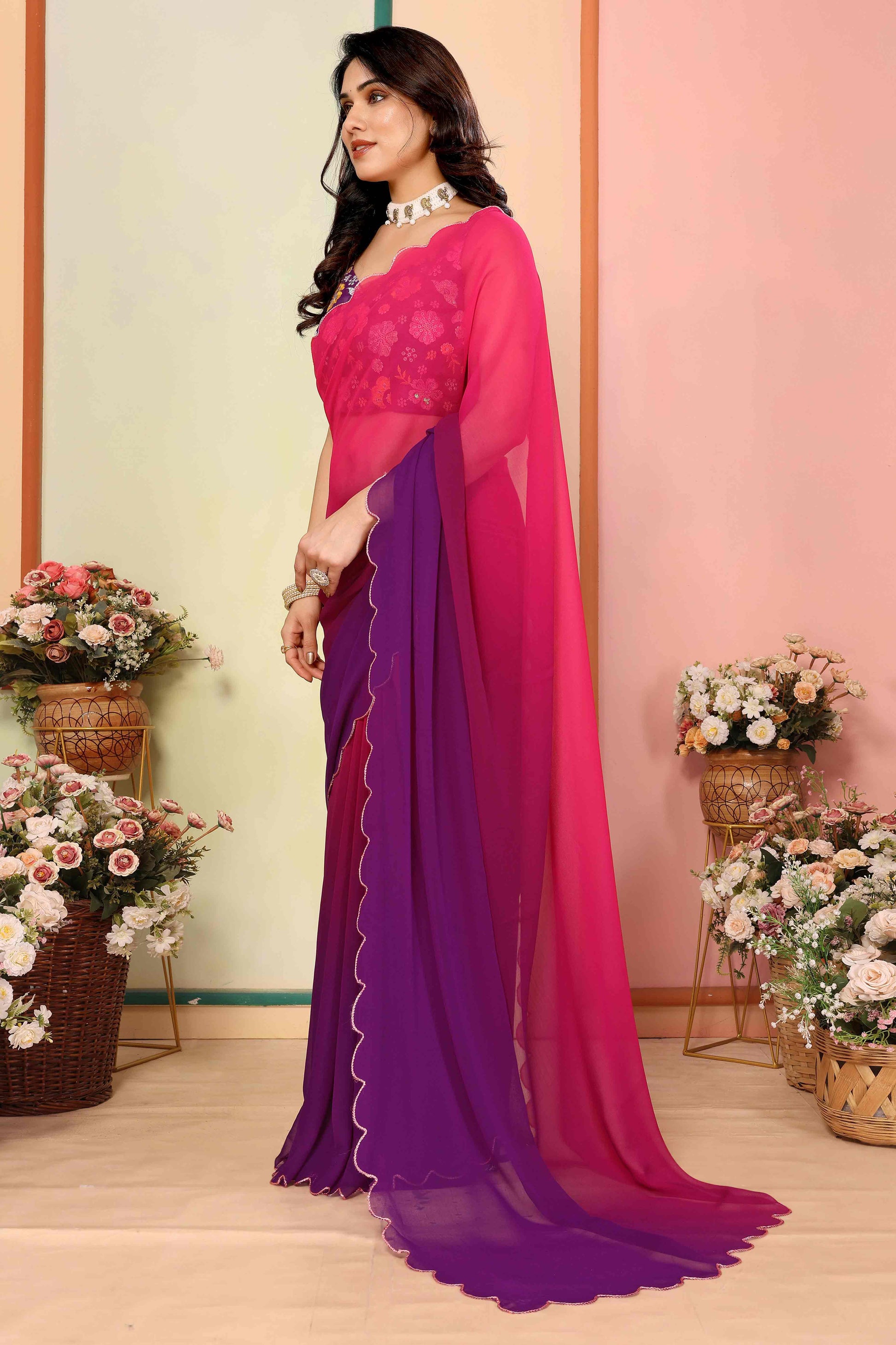 Magenta Solid Georgette Ombre Saree