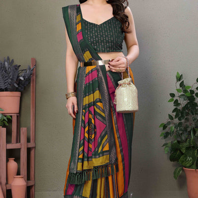 Dark Green Striped Foil Printed Moss Satin Saree Saree With Tassels