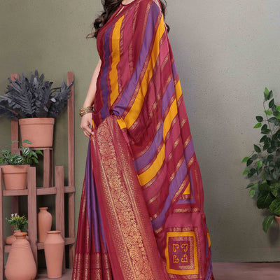 Maroon Striped Foil Printed Moss Satin Saree Saree With Tassels