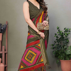 Mehendi Green Striped Foil Printed Moss Satin Saree Saree With Tassels