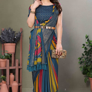 Morpich Striped Foil Printed Moss Satin Saree Saree With Tassels