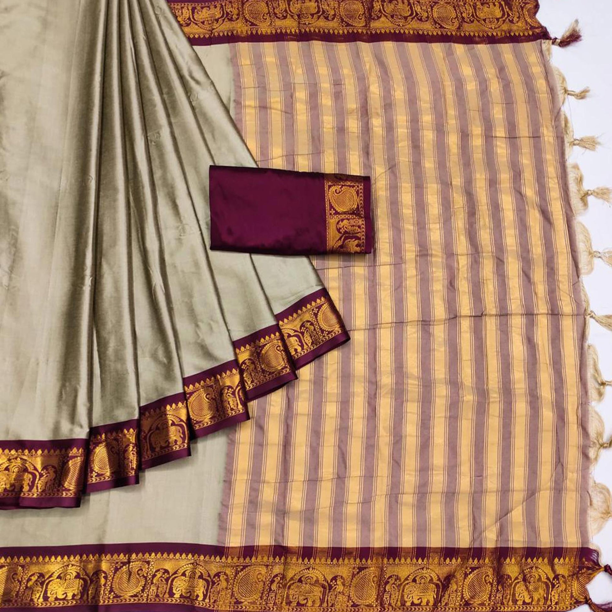 Chikoo Woven Cotton Silk Saree With Tassels