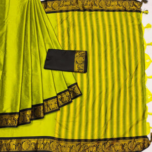 Lemon Yellow Woven Cotton Silk Saree With Tassels