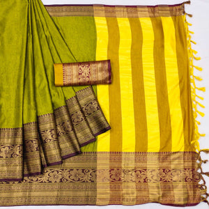 Lemon Green Floral Woven Cotton Silk Saree With Tassels
