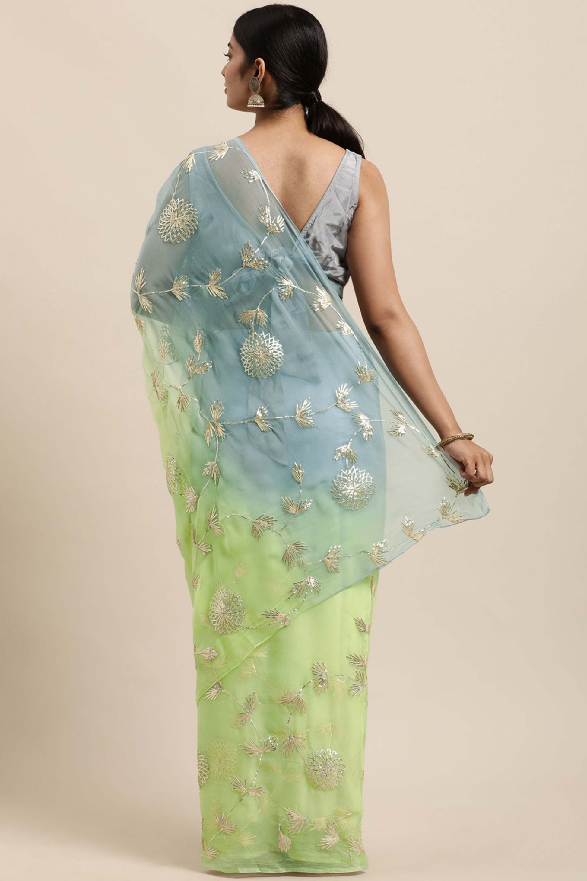 green-grey-floral-gota-patti-work-organza-silk-half-half-saree