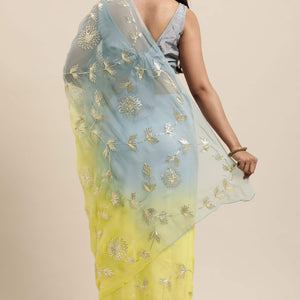 Lemon Yellow & Grey Floral Gota Patti Work Organza Silk Half & Half Saree
