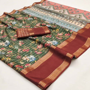 Bottle Green Floral Digital Printed Cotton Silk Saree