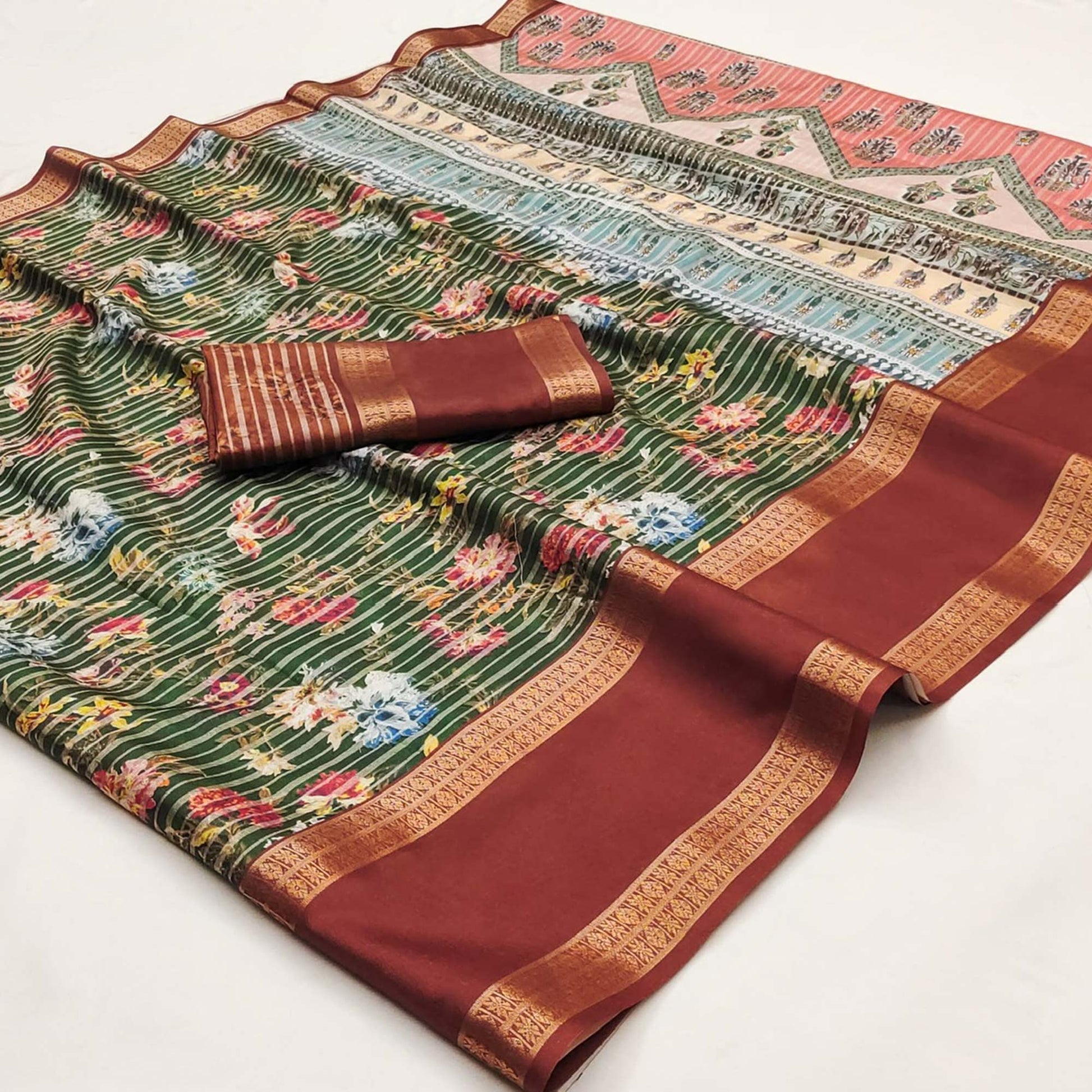 Bottle Green Floral Digital Printed Cotton Silk Saree