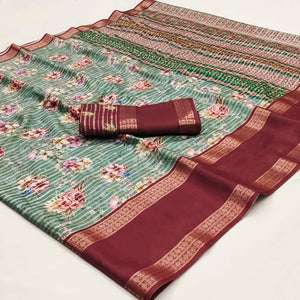 Mint Green Floral Digital Printed Cotton Silk Saree