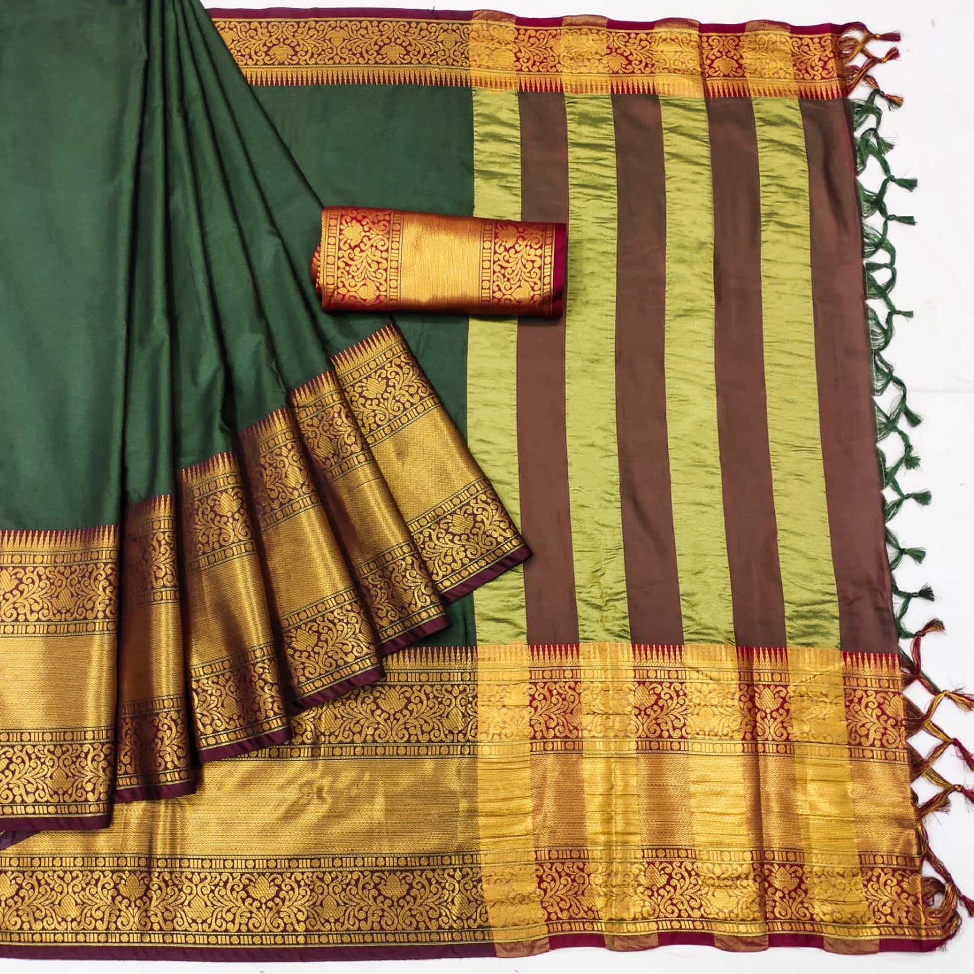 Bottle Green Woven Cotton Silk Saree With Tassels