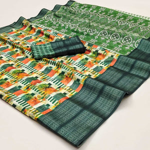 Bottle Green Floral Digital Printed Cotton Silk Saree
