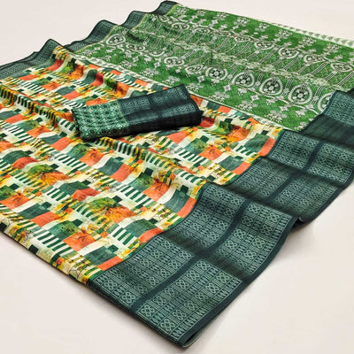 Bottle Green Floral Digital Printed Cotton Silk Saree