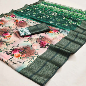 Dark Green Floral Digital Printed Cotton Silk Saree