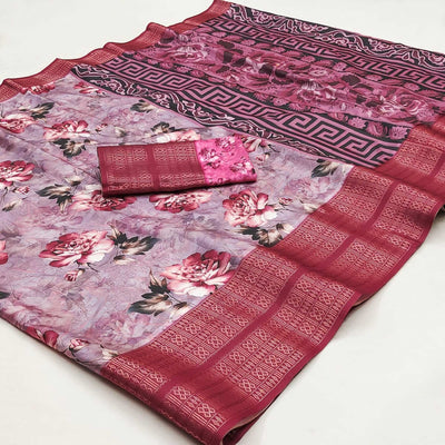 Mauve Floral Digital Printed Cotton Silk Saree