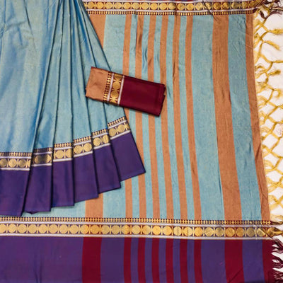 Blue Woven Cotton Silk Saree With Tassels