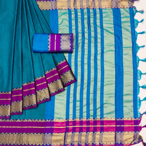 Blue Woven Cotton Silk Saree With Tassels