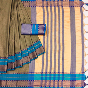 Chikoo Woven Cotton Silk Saree With Tassels