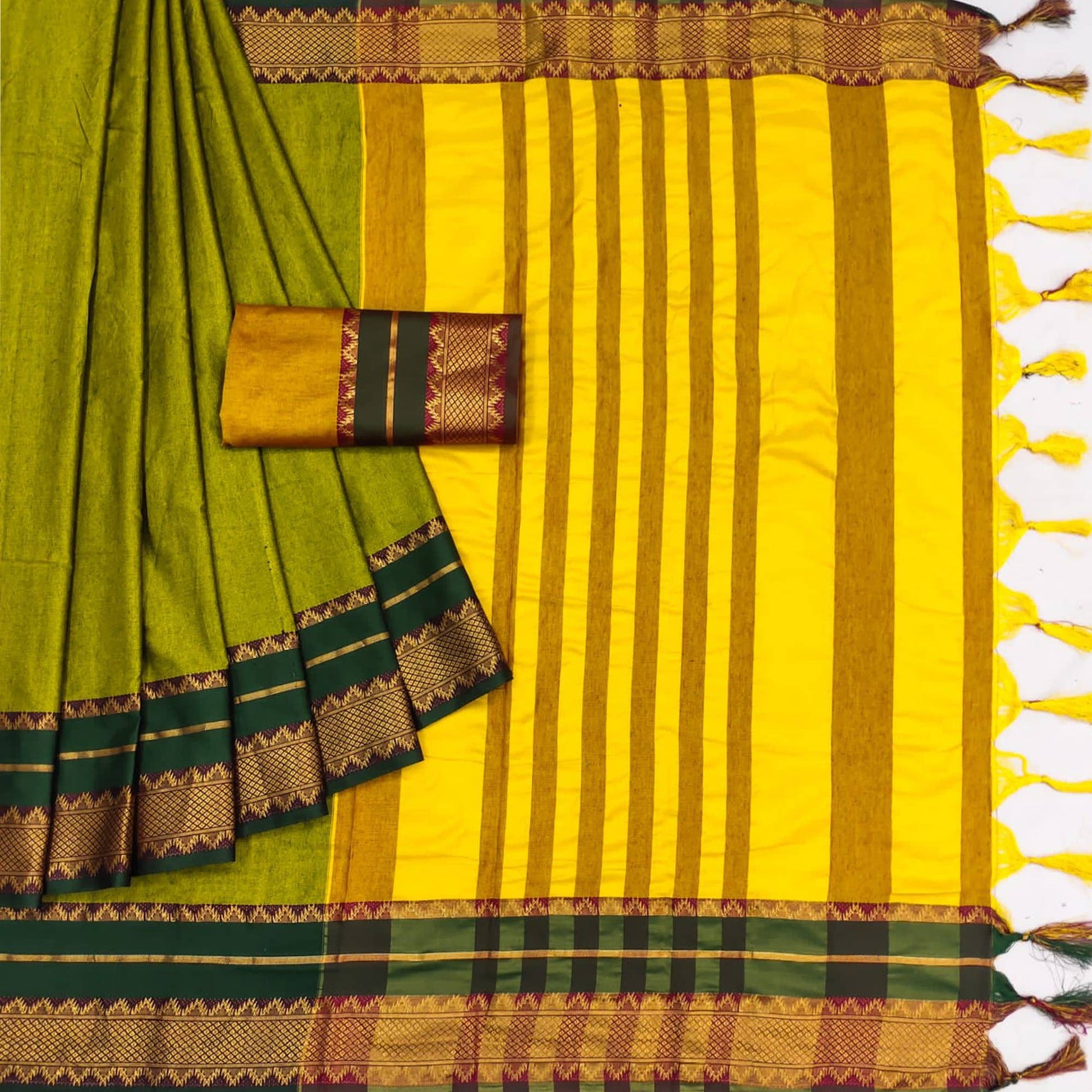 Lemon Green Woven Cotton Silk Saree With Tassels