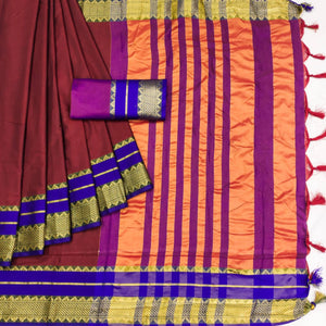 Maroon Woven Cotton Silk Saree With Tassels