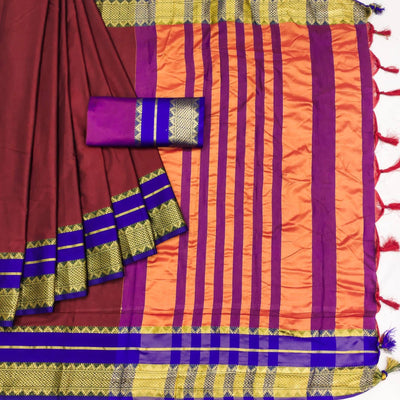 Maroon Woven Cotton Silk Saree With Tassels