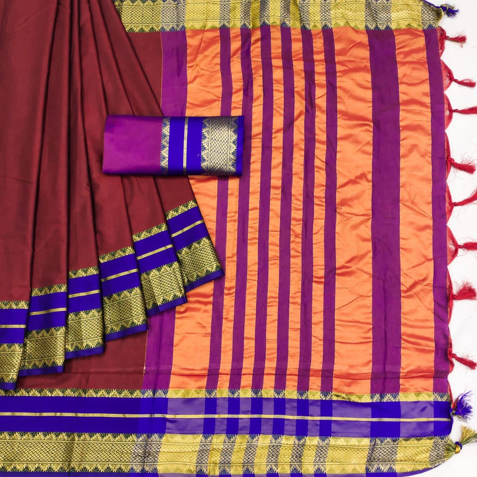 Maroon Woven Cotton Silk Saree With Tassels