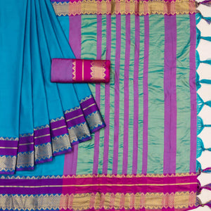 Blue Woven Cotton Silk Saree With Tassels