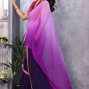 Lavender & Dark Purple Ombre Georgette Saree With Tassels