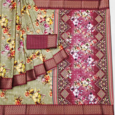 Chikoo Floral Digital Printed Cotton Silk Saree With Woven Border