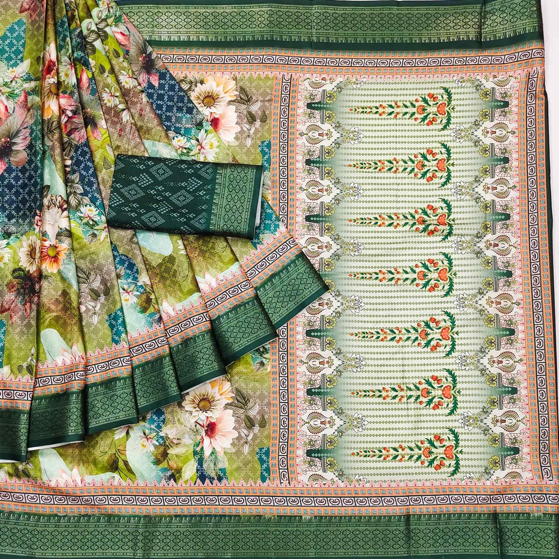 green-floral-digital-printed-cotton-silk-saree-with-woven-border
