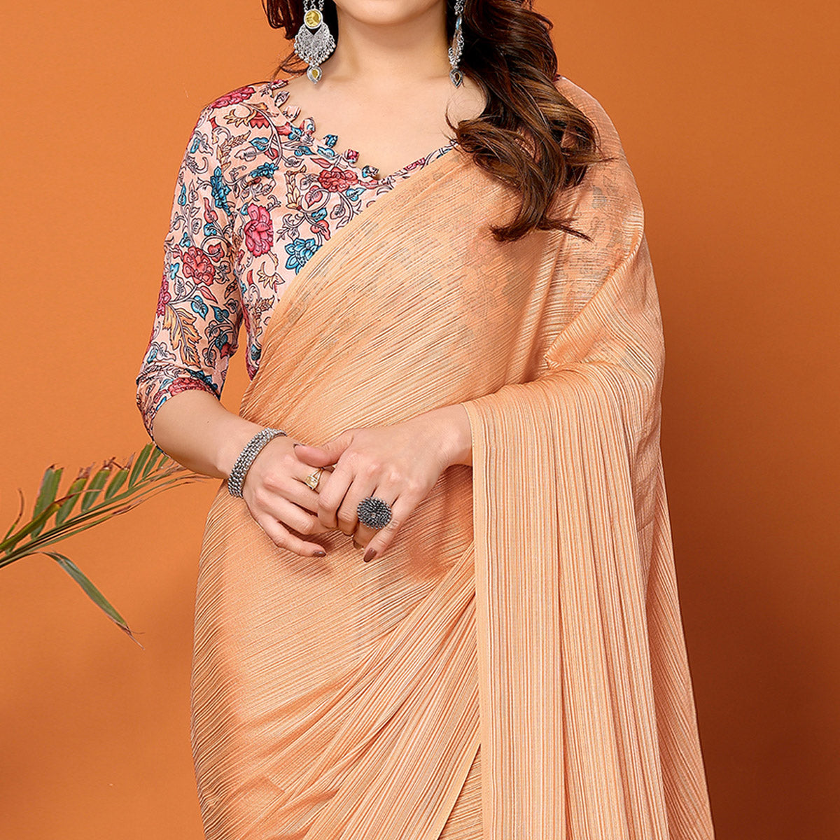 Light Orange Woven Satin Saree With Tassels