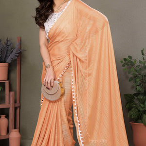 Light Orange Zari Woven Satin Saree With Pompom Border
