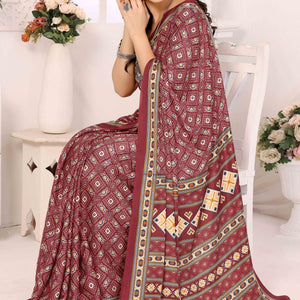 Maroon Floral Printed Silk Crepe Saree