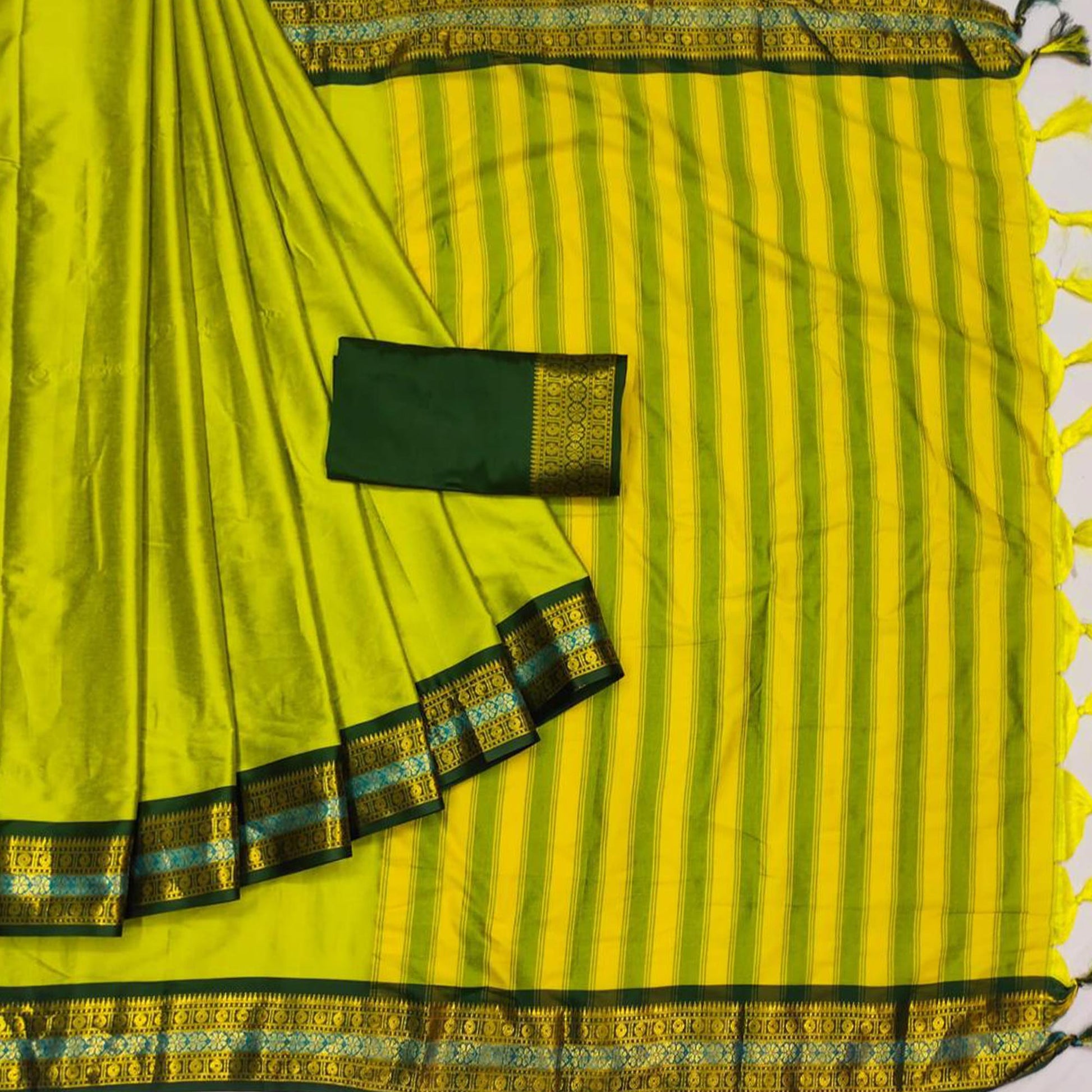 Lemon Yellow Woven Cotton Silk Saree With Tassels