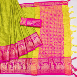 green-floral-woven-cotton-silk-saree-with-tassels