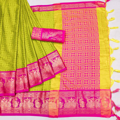 green-floral-woven-cotton-silk-saree-with-tassels