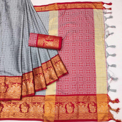 grey-floral-woven-cotton-silk-saree-with-tassels