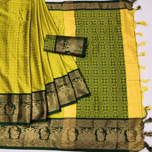 Lemon Green Floral Woven Cotton Silk Saree With Tassels