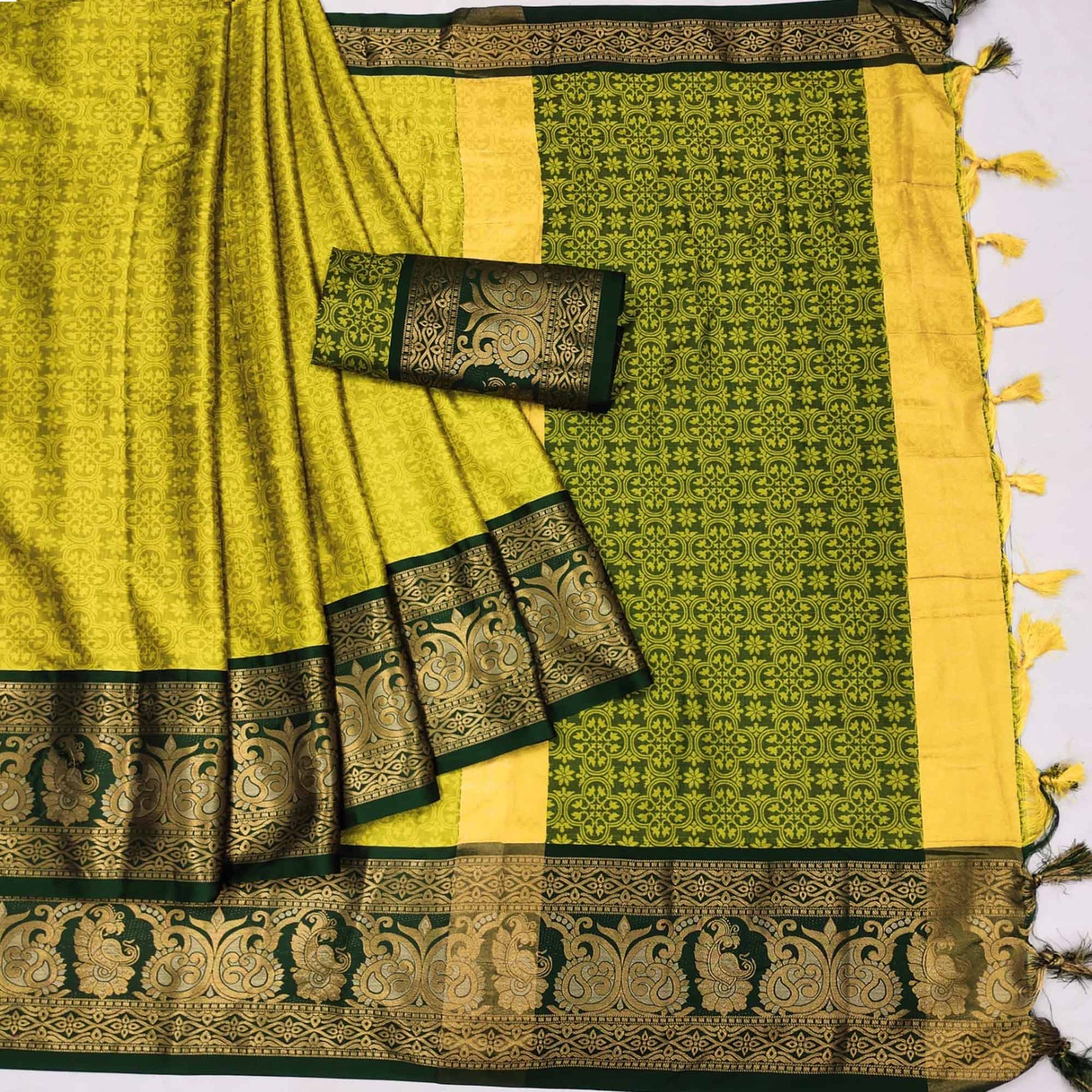 Lemon Green Floral Woven Cotton Silk Saree With Tassels