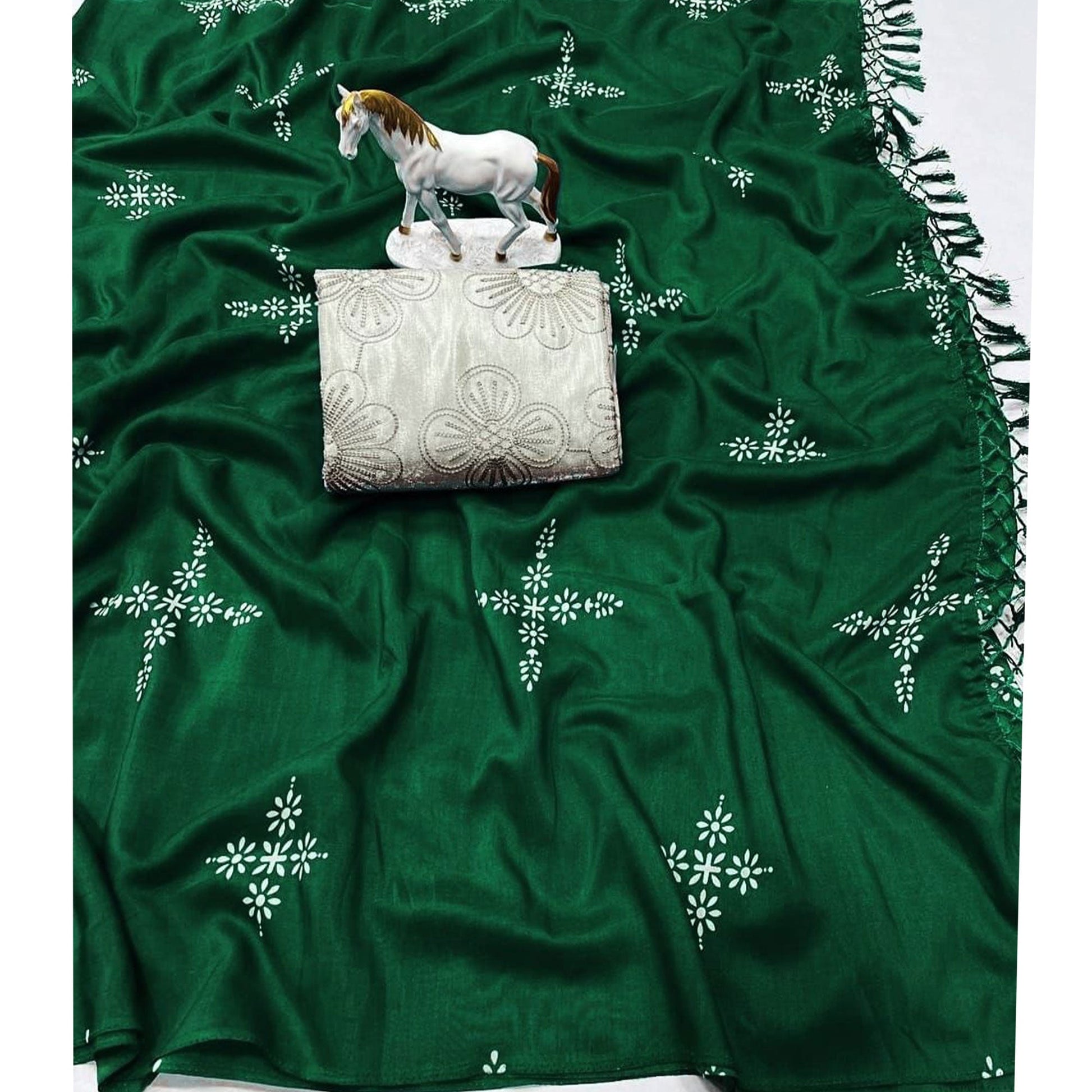 Bottle Green Floral Printed Muslin Saree With Tassels