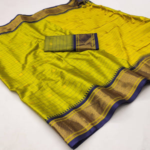 Lemon Green & Blue Woven Cotton Silk Saree With Tassels