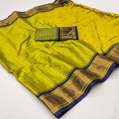Lemon Green & Blue Woven Cotton Silk Saree With Tassels