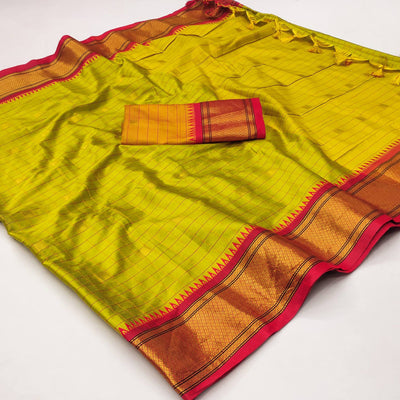 Lemon Green & Red Woven Cotton Silk Saree With Tassels